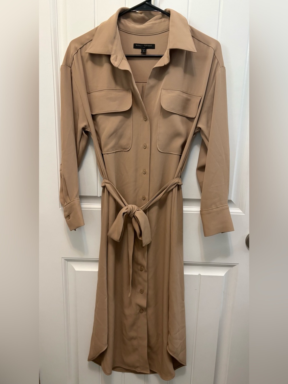 Banana Republic Tan Midi Shirt Dress with Waist Tie. Size Petite Small.